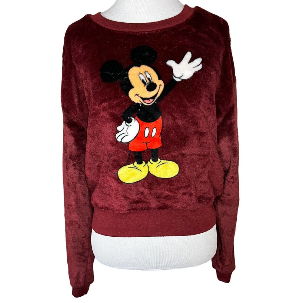 Disney Womens‎ Sz L Mickey Plush Velour Burgundy Sweatshirt Fleece Cropped